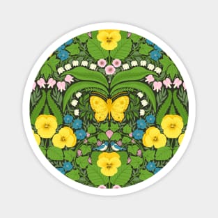 Dollhouse garden, Yellow pansies, birds and butterflies Magnet